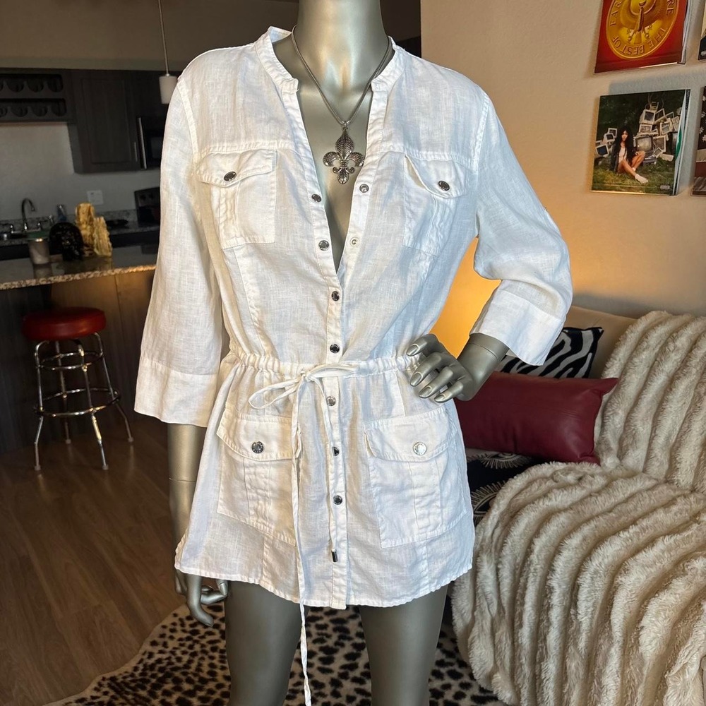 Michael Kors White Linen Utility Shirt Cinched Waist 🌿